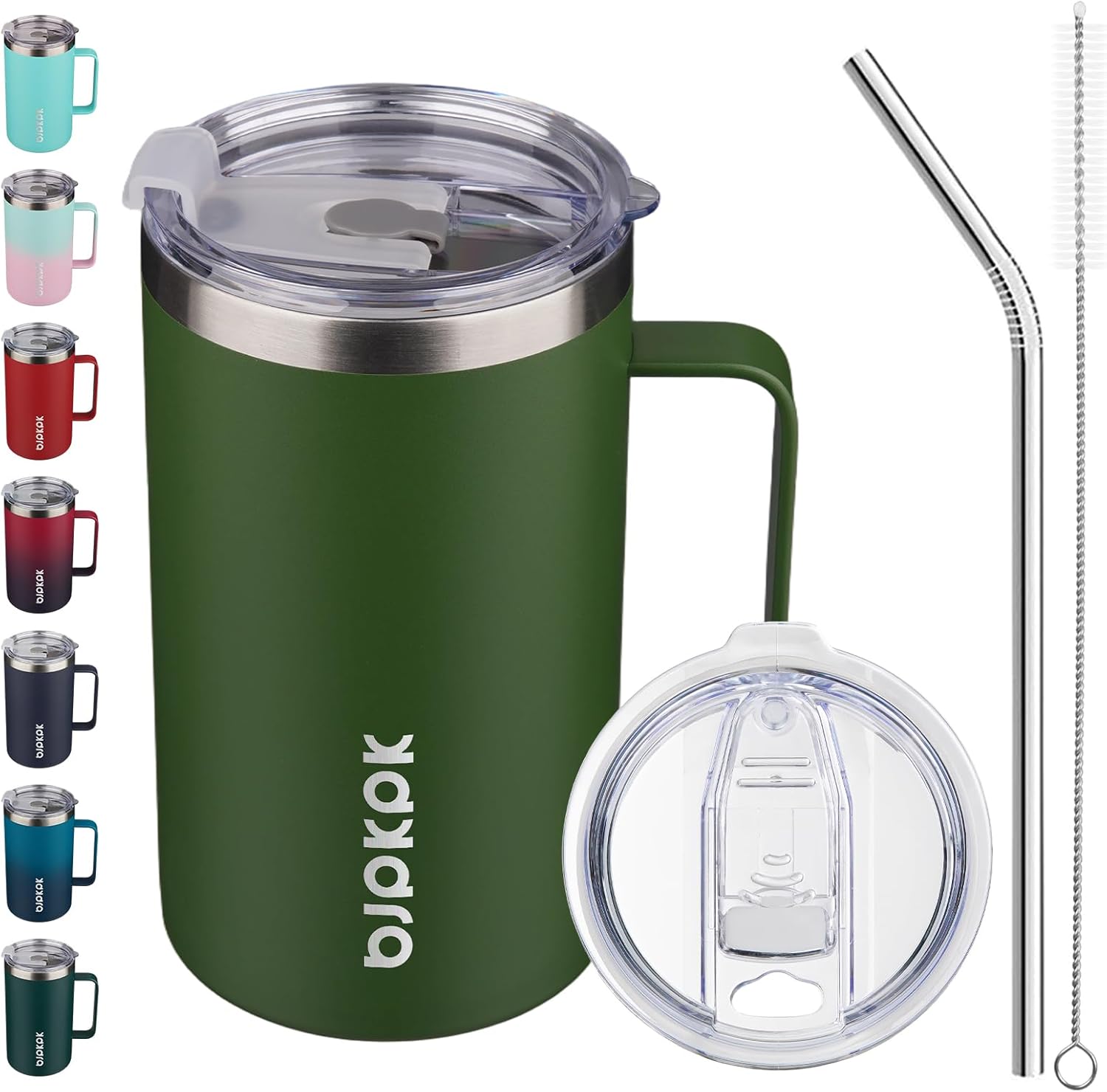 BJPKPK Insulated Coffee Mug with 2 Lids, 25oz Stainless Steel Insulated Tumbler with Handle, Double Wall Vacuum Coffee Cups, BPA Free Travel Mug for Coffee, Tea and Drinks, Forest Green