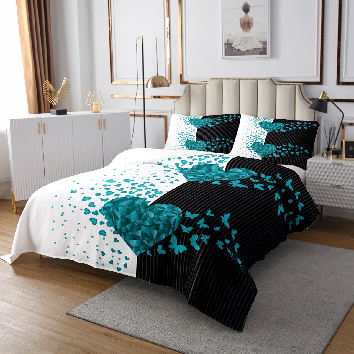 Erosebridal Couple Bedspread Turquoise Love Heart Coverlet Set Crystal Butterfly Quilted for Boys Girls Bedroom Home Decor Romantic Valentine's Day with 2 Pillow Cases King Size Black White Stripe