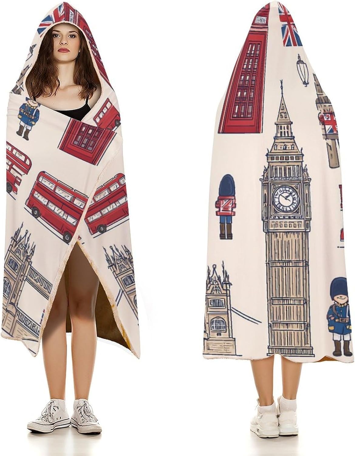Theme of UK London British Flag Wearable Blanket Oversized Throw Cape | Cozy Hooded Blanket Gifts for Women Men