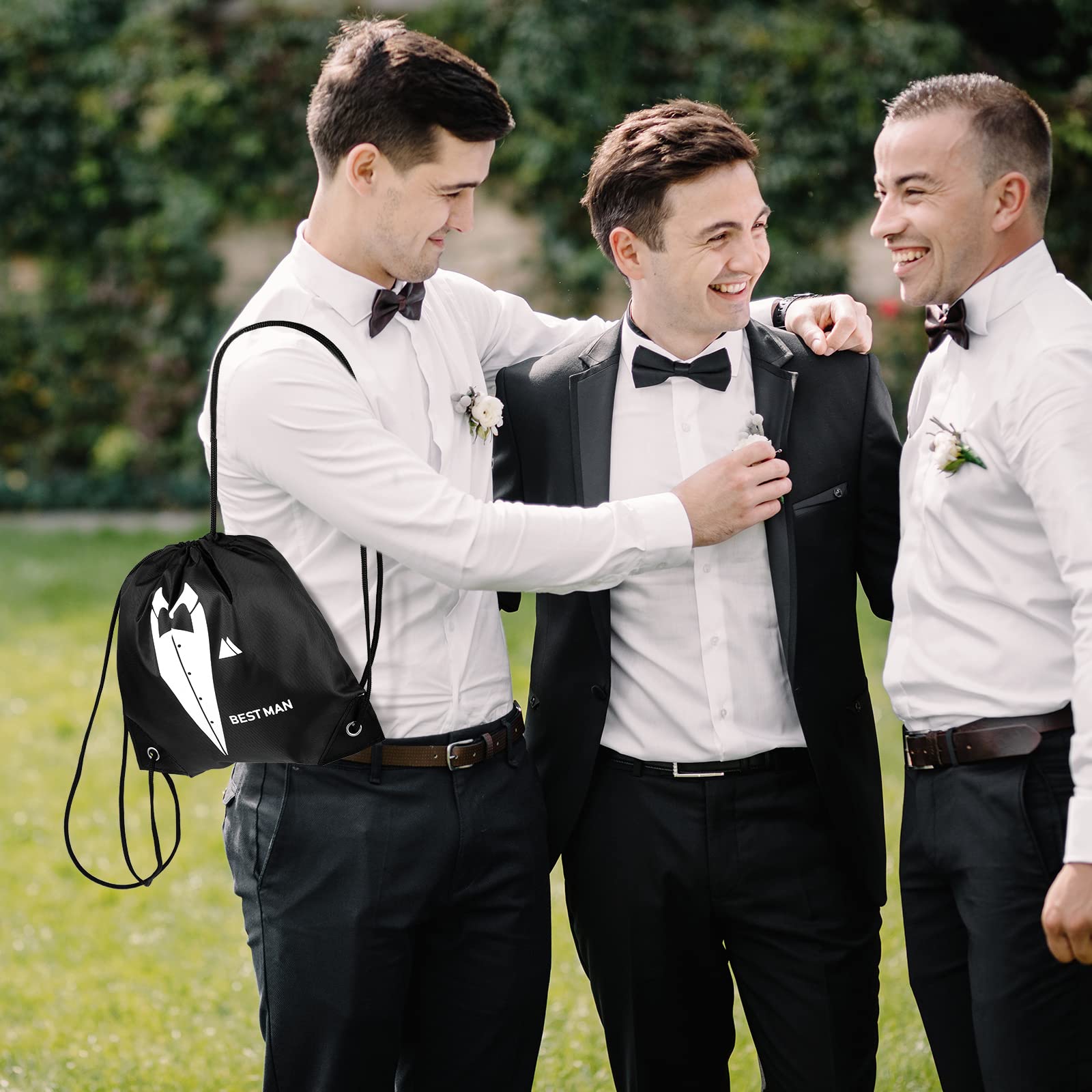 Shappy 7 Pack 9 x 9.9 Inches Groomsmen Gifts Bags for Wedding Party Favor Bags with Drawstring Black Bachelor Present Set for Groomsman Proposal Father's Birthday Anniversary Boss Party Supplies