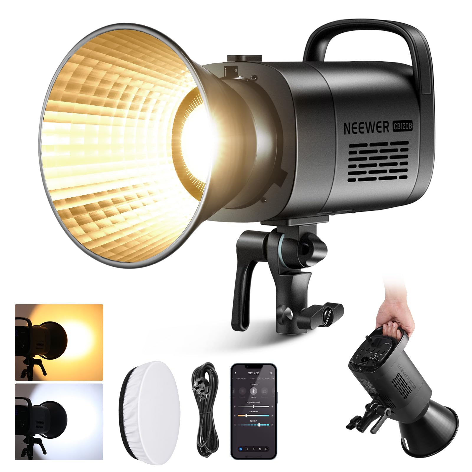 CB120B 120W LED Video Light with 2.4G&APP Control COB Bi Color 2700K-6500K 78000lux at 1m/CCT Mode/CRI97/12 Scenes/Bowens Mount Continuous Output Lighting for Studio Photography/Video Recording