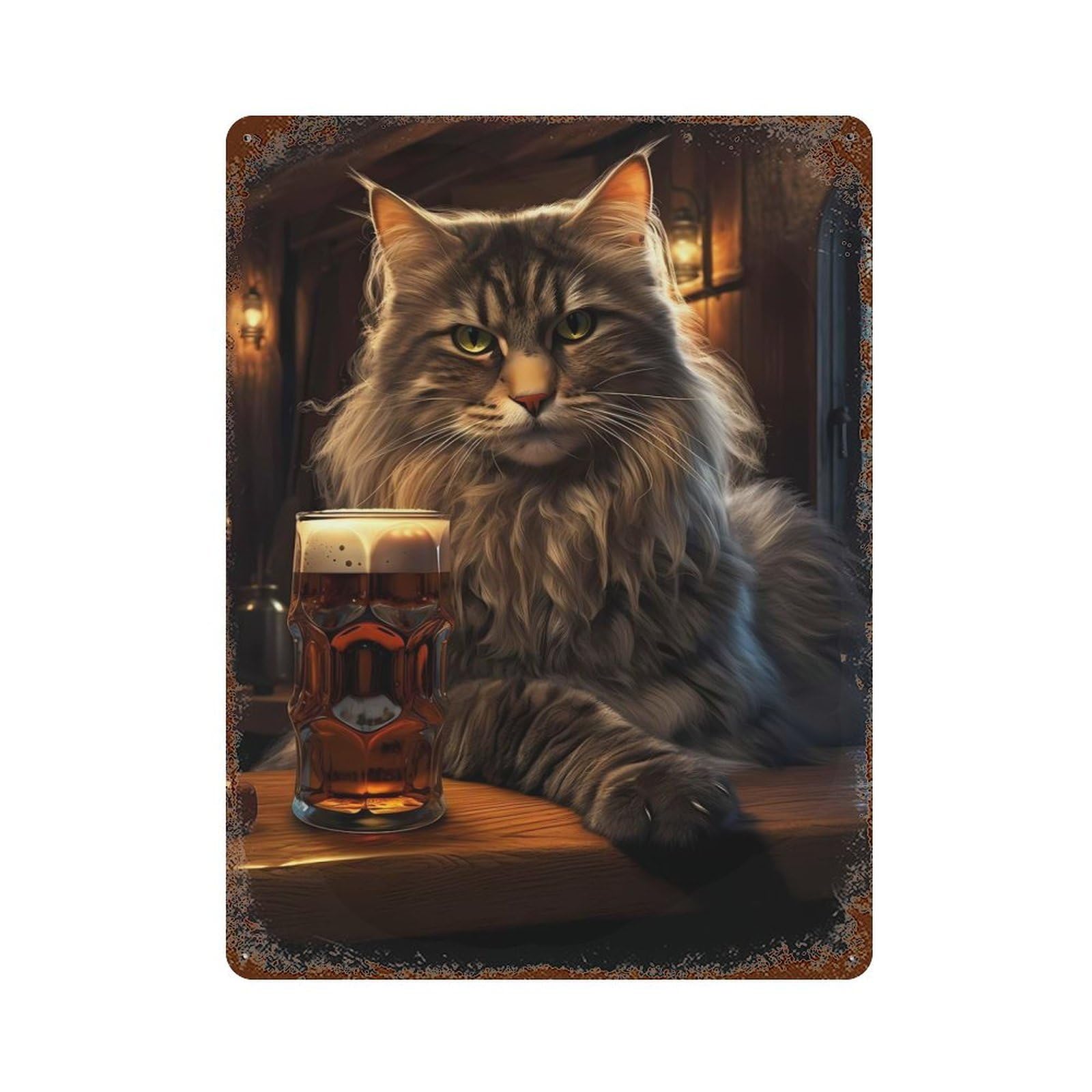Retro Metal Sign with Fat Cat Beer Pub Bar Drink Design 15.7"x11.8", for Office, Studio And Wall Decor, Retro Wall Decor