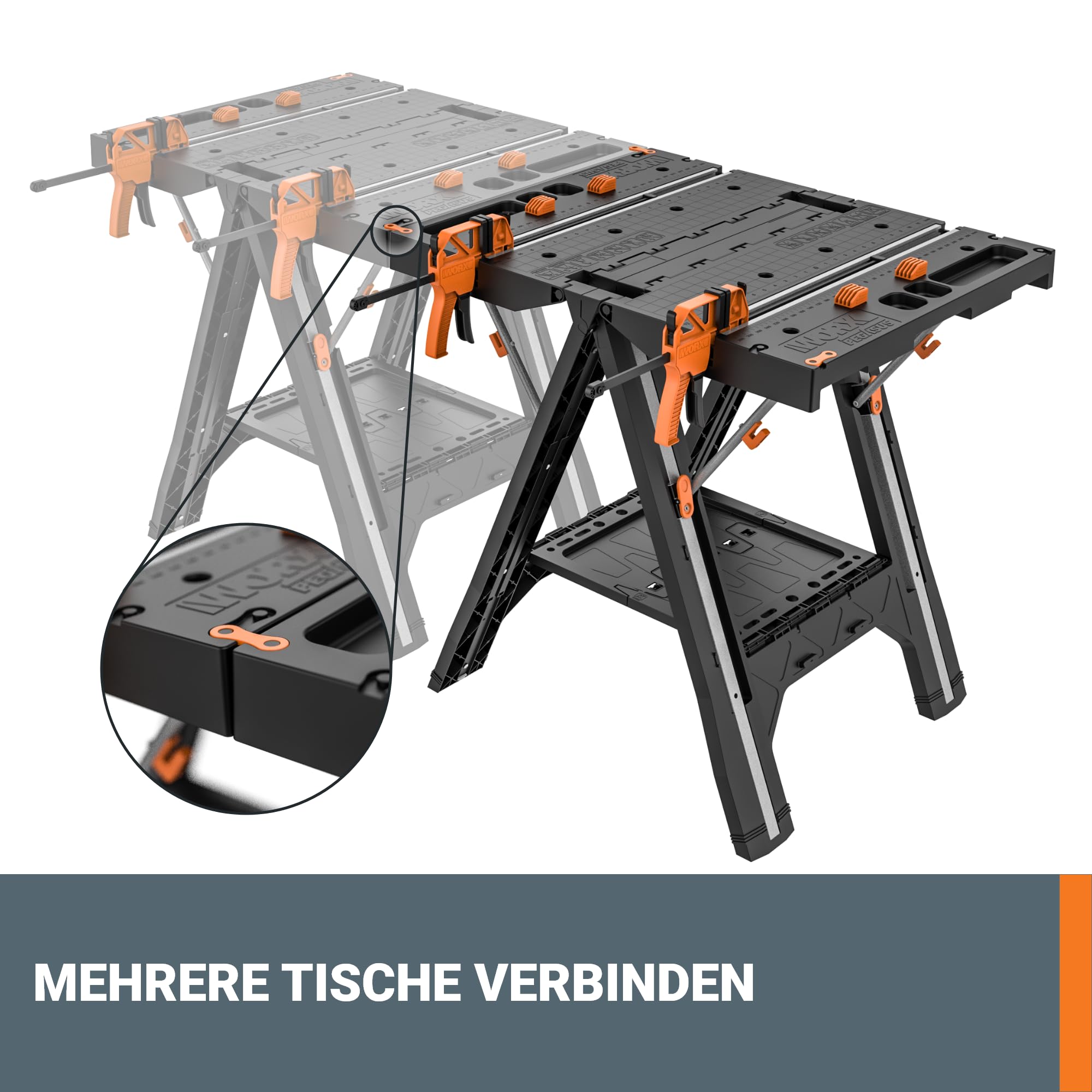 WORX PEGASUS WX051 mobile multifunktionale Werkbank - hochwertiger Arbeitstisch klappbar für die Werkstatt, max. Belastung 450kg – inkl. Schnellklemmvorrichtung – hohe Stabilität & große Arbeitsfläche