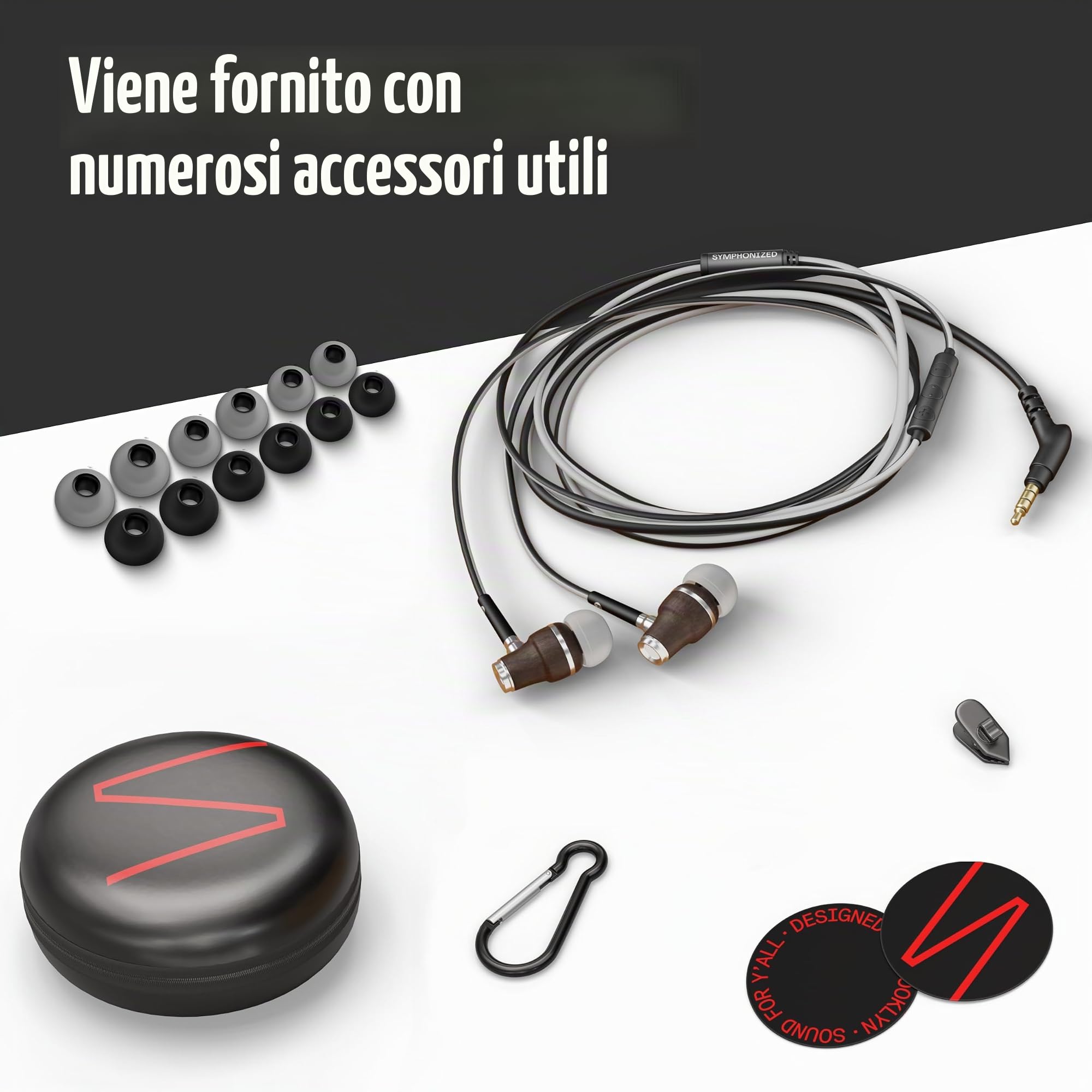 Symphonized® Auricolari con Filo e Microfono, bassi da 8 mm, suono 3D in legno di Bubinga, cuffie in ear cancellazione attiva del rumore, Jack 3,5 mm, controllo del volume per cellulare, PC e tablet.