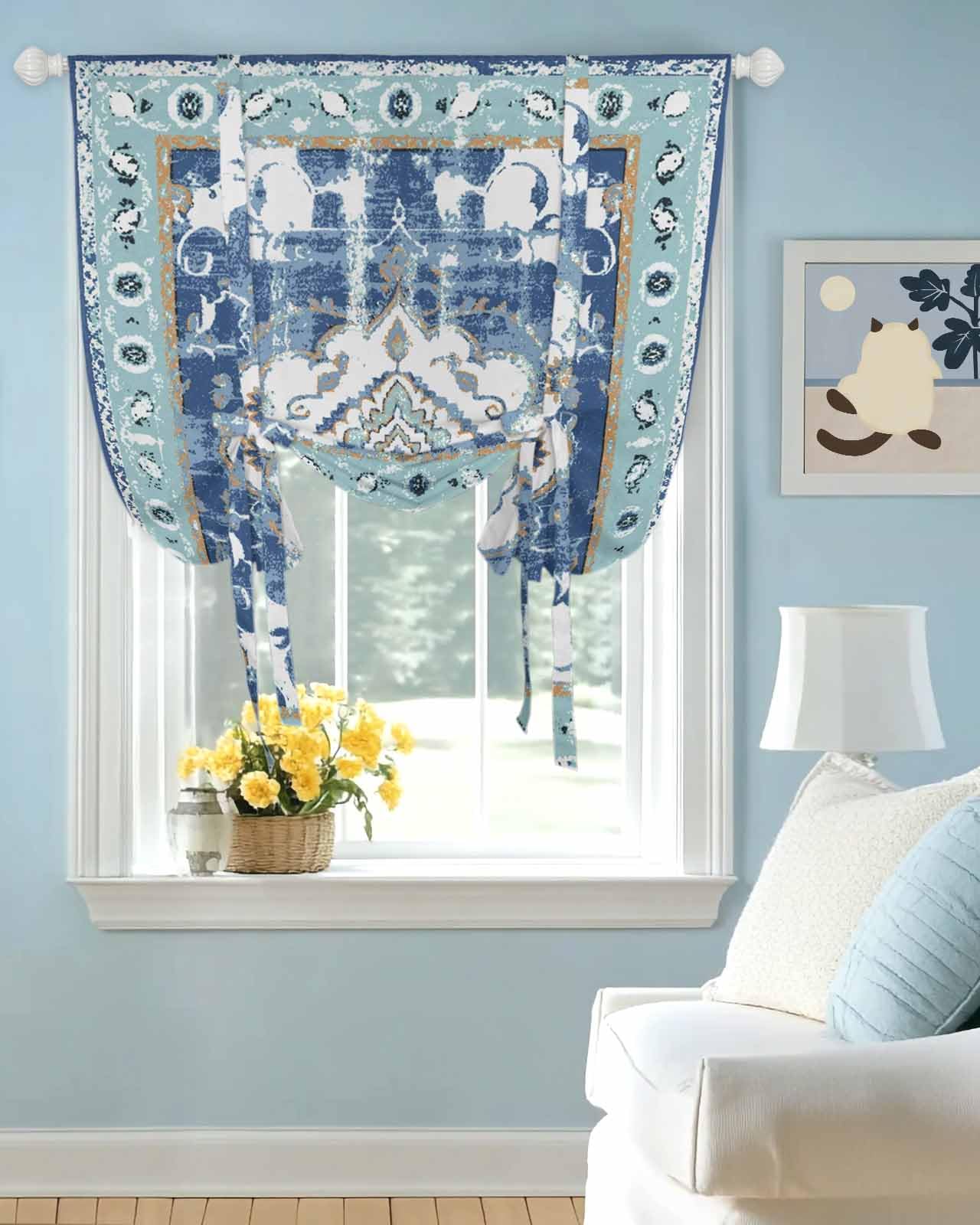 Tie Up Curtains for Windows Retro Ethnic Carpet Texture Rod Pocket Tie-Up Window Shade Adjustable Balloon Curtain Valance Abstract Blue Boho Art for Bedroom Kitchen Bathroom Blinds,42x45in