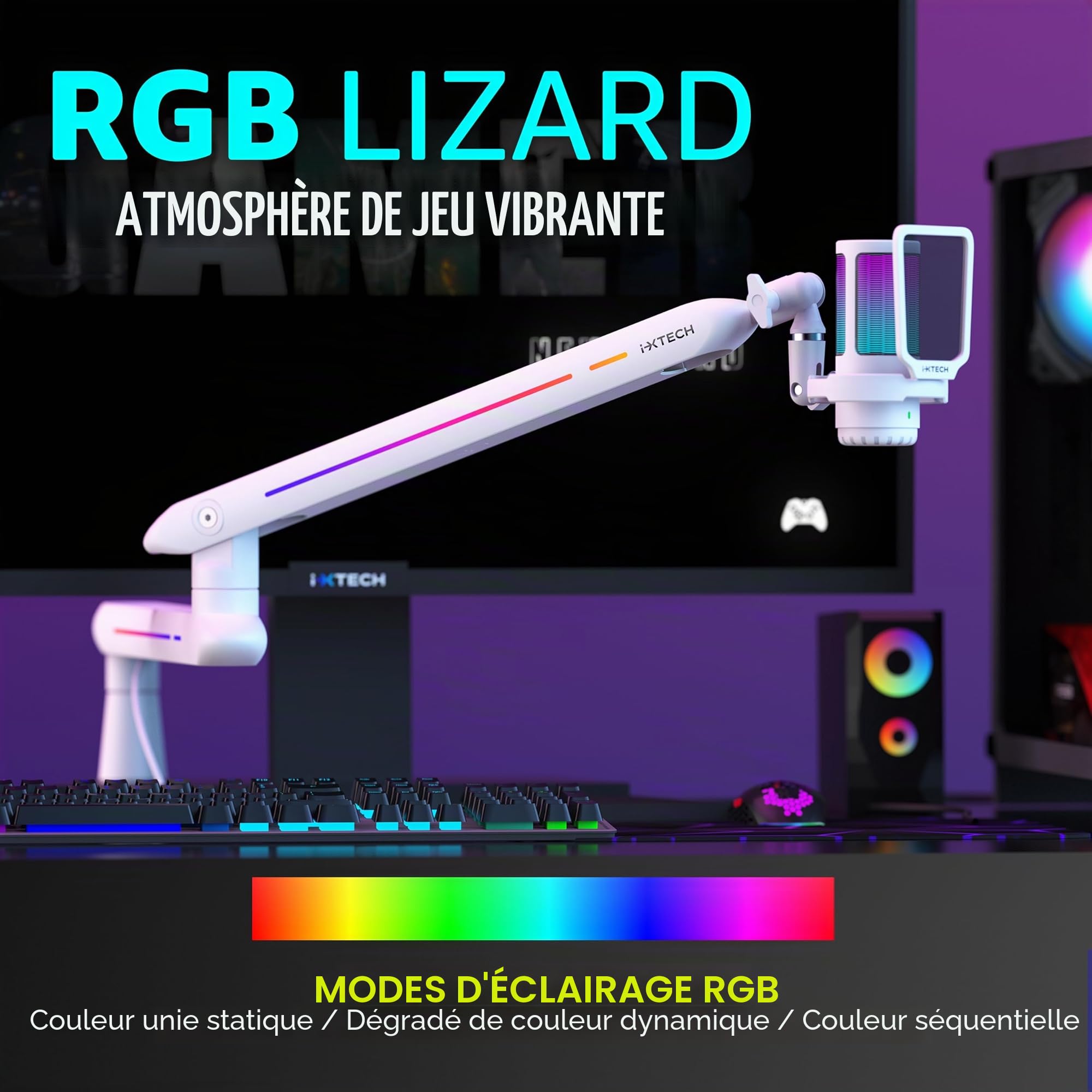 IXTECH Bras de microphone RVB à profil bas pour micro, support de microphone réglable avec pince de fixation de bureau, bras rotatif avec gestion des câbles pour podcast, streaming, studio de jeu
