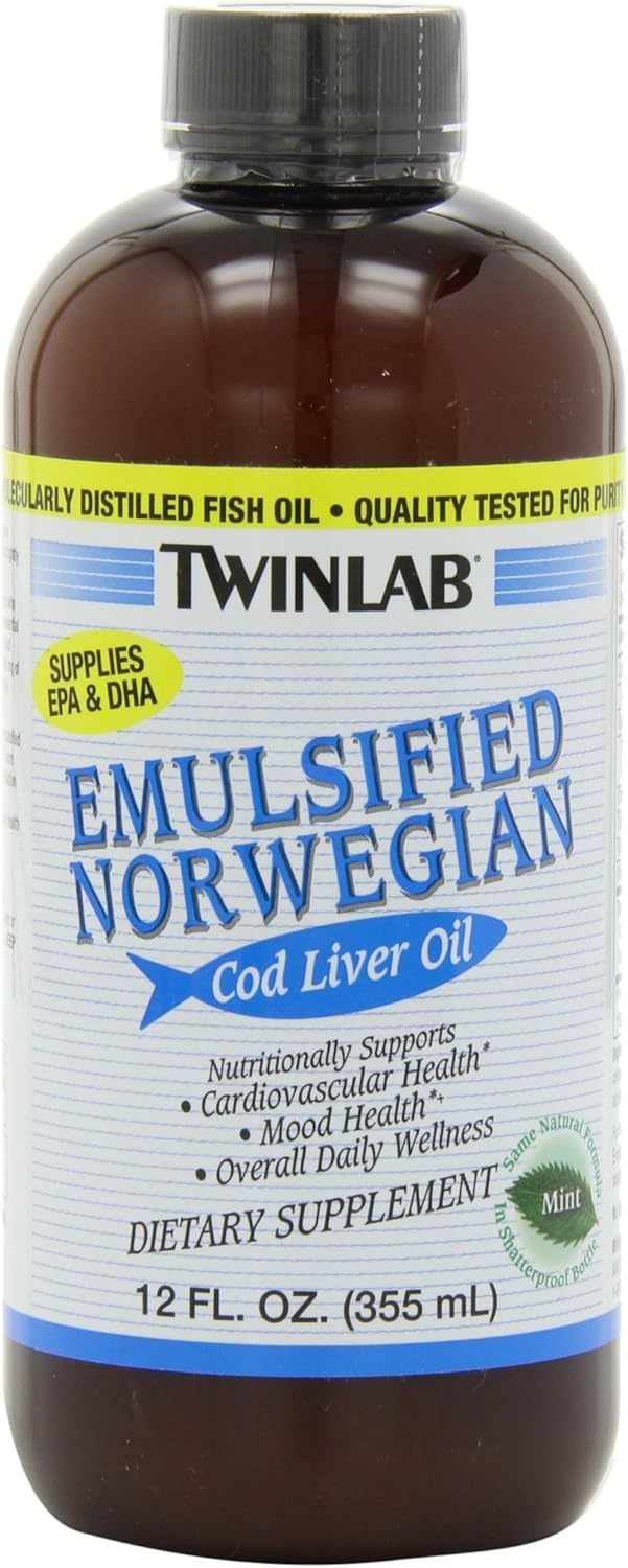Twinlab Cod Liver Oil, Emulsified Norwegian, Mint, 12 Ounce (Pack of 3