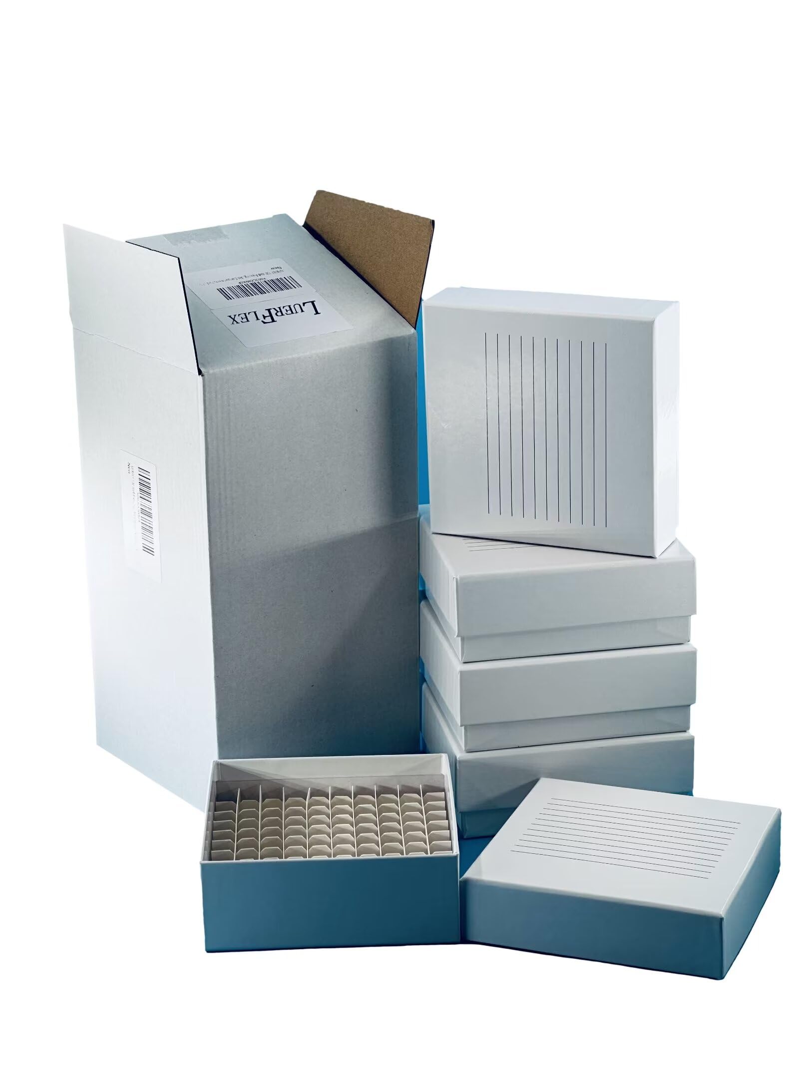 LUERFLE - Caja de cartón para congelación de 100 pozos con compartimentos premontados, paquete de 15