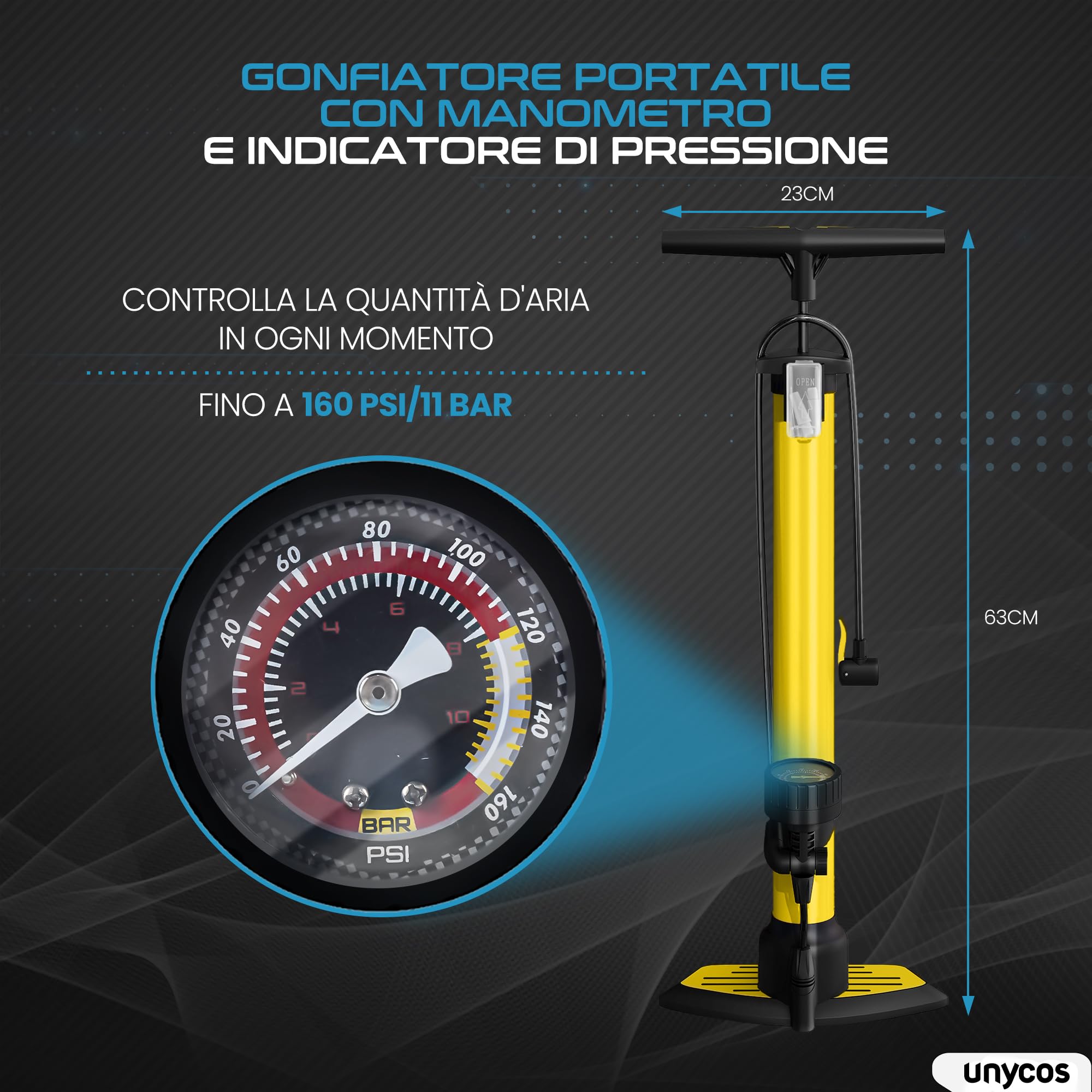 unycos - Pompa per Bicicletta con Manometro【160 PSI / 11 Bar】Compatibile con Valvole Presta e Schrader, Gonfiatore da Pavimento Portatile per Bici da Corsa, MTB, Moto, Palloni e Altri Gonfiabili