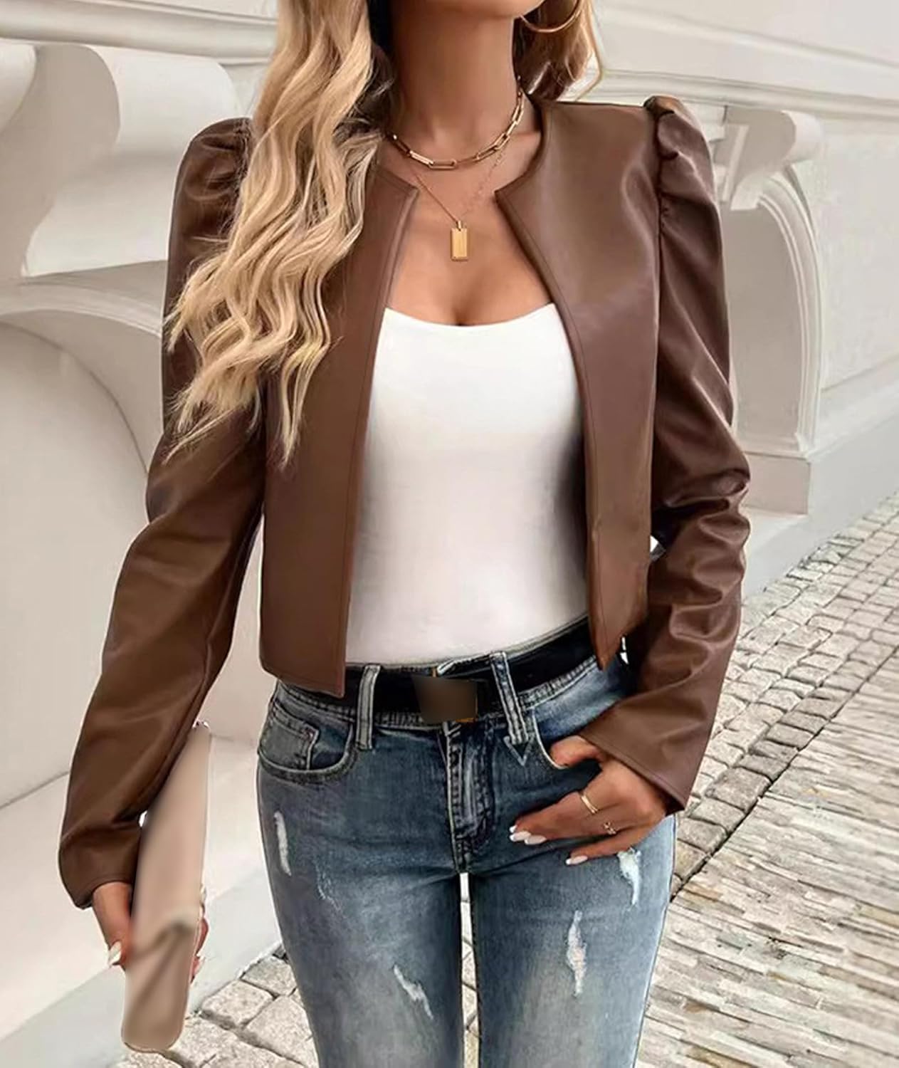 SEMATOMALA Women's Puff Sleeve Cropped Jacket Faux Leather Bolero Blazer Long Sleeve Open Front PU Cardigan - Image 3