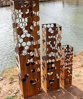 Decorative Steel Garden Column – Beehive Cutout Design – Rusted Metal La...