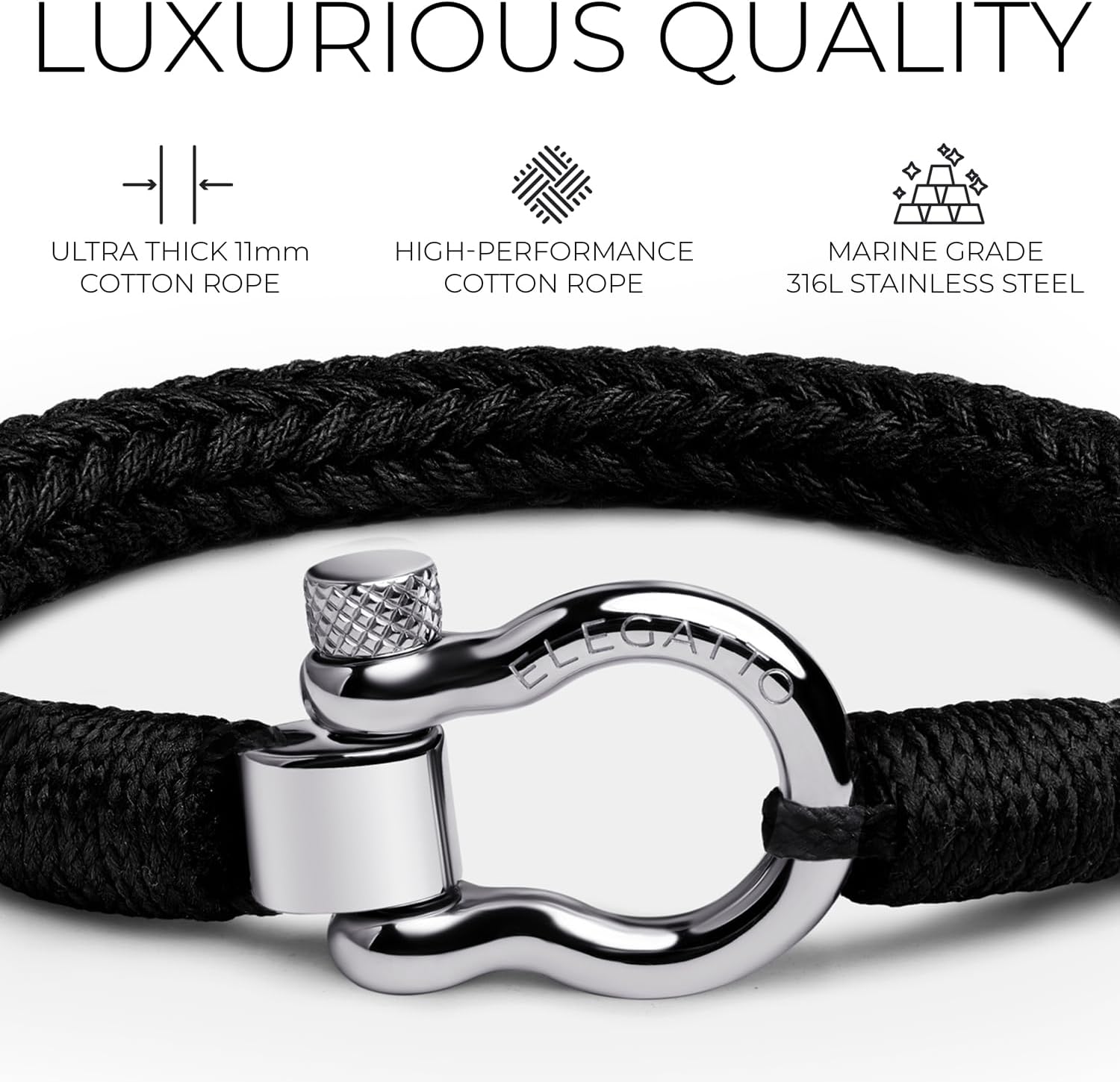 Elegatto Orion Premium Rope Bracelet for Men | Natural Cotton Finish and Sterling Silver Polished Stainless Steel Horseshoe Shackle Closure | Men’s Designer Bracelets