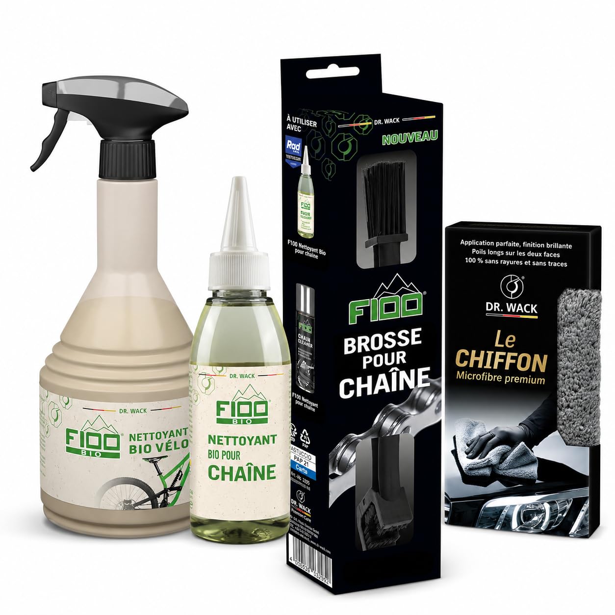 Dr. Wack - F100 Kit d'entretien Vélo Produits Bio - 4 Produits inclus - Nettoyant Vélo + Nettoyant Chaînes de Vélo + Brosse pour Chaîne + Chiffon Microfirbres - Fabriqué en Allemagne