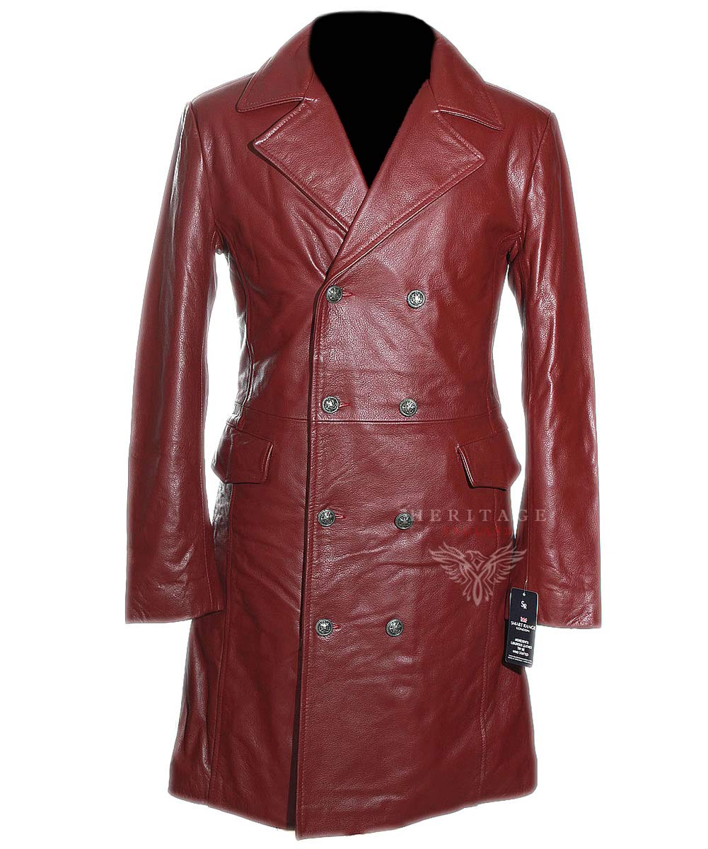 German Naval Maroon / Red Men's Military Style WW2 Double Breasted Real Cowhide Leather Winter Jacket Pea Coat (SIZES: XS TO 5XL Available) (3XL)
