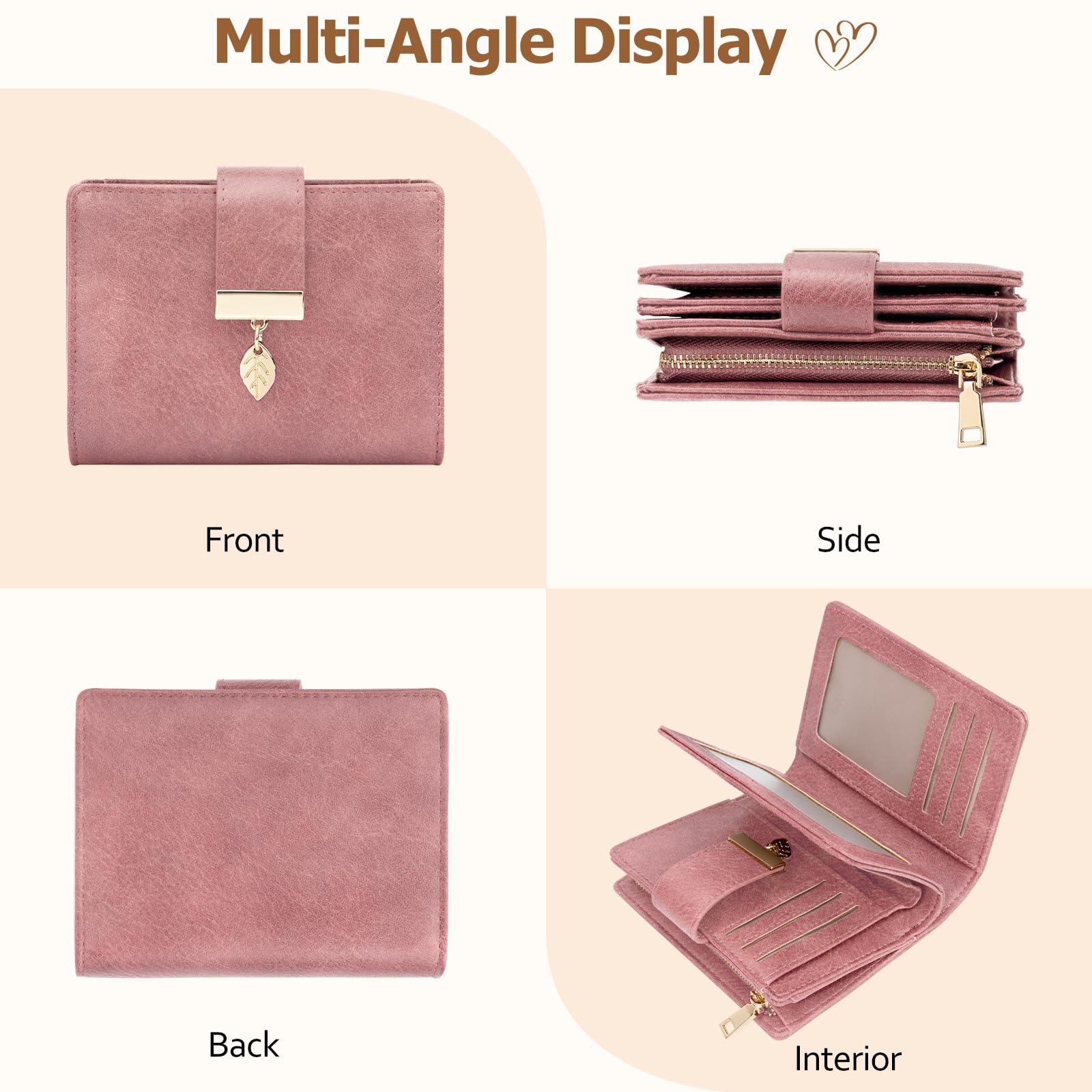 Cartera Mujer Pequeña, Monederos Mujer en Cuero PU con Bloqueo RFID, Carteras de Mujer Gran Capacidad con 14 Ranuras Tarjetas y Bolsillo con Cremallera Billeteras para Mujeres (Rosa)