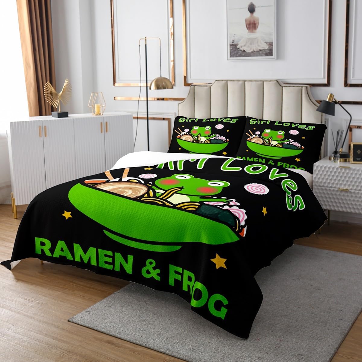 Feelyou Cute Frog Coverlet Twin Size Kawaii Ramen Frog Bedspread for Kids Boys Girls Children Bedroom Decor Japanese Food Quilt Set Tropical Cartoon Animal Quilted 2Pcs Bedding Collection