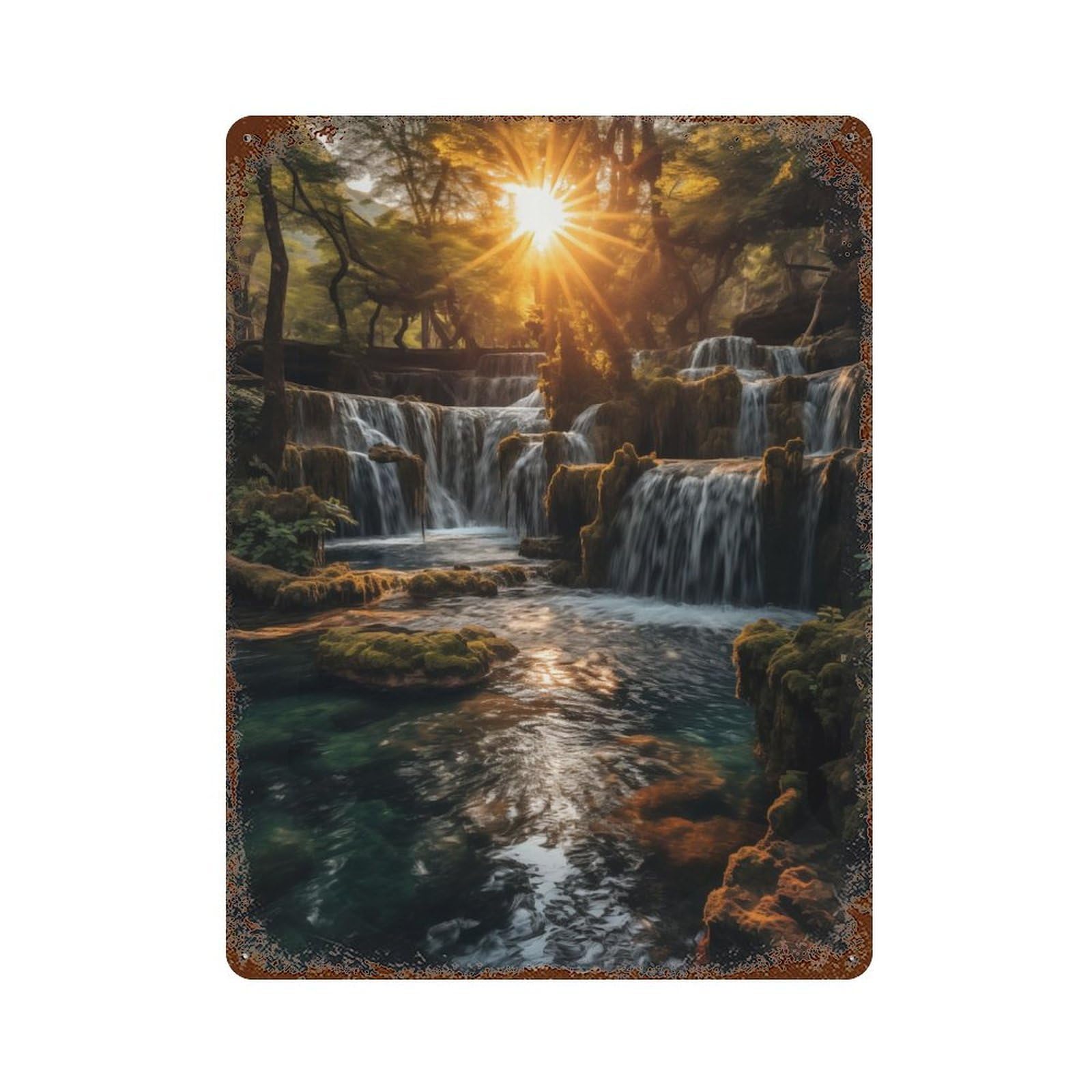 Retro Metal Sign with Nature Waterfall in Suset Design 15.7"x11.8", for Living Room, Hallway And Home Decor, Farmhouse Wall Decor