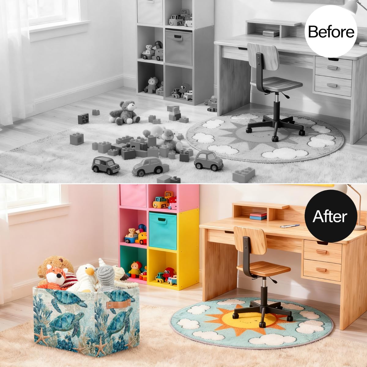 Rechteckiger Aufbewahrungskorb mit Ledergriffen, Vintage-Stil, nautische Meeresschildkröten, 2 Stück, faltbarer Stoff-Aufbewahrungskorb für Schrank, Badezimmer, Wohnzimmer, Büro, Spielzeug