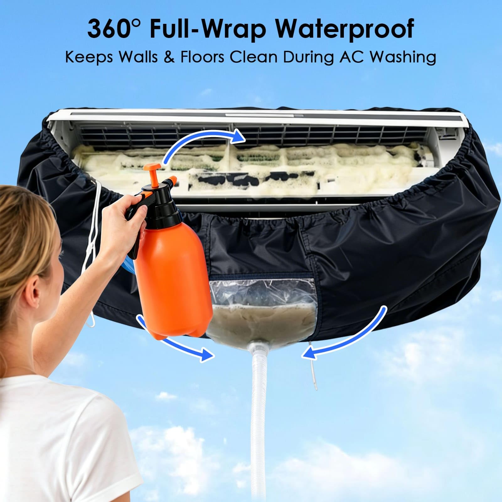 Kit de nettoyage climatisation 360° professionnel pour climatiseur split et mural, housse de nettoyage avec accessoires pour un nettoyage maison facile (Noir, M)