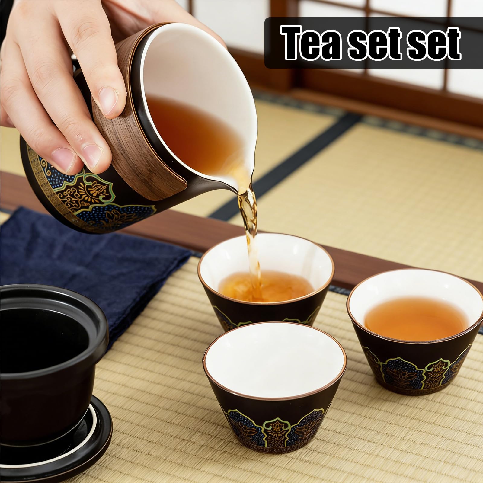 Set di teiera giapponese, da viaggio, portatile, servizio da tè giapponese, da viaggio in porcellana, 1 teiera (250 ml) + 3 tazze da tè (46 ml) + 1 contenitore da tè (180 ml), set da tè per ufficio