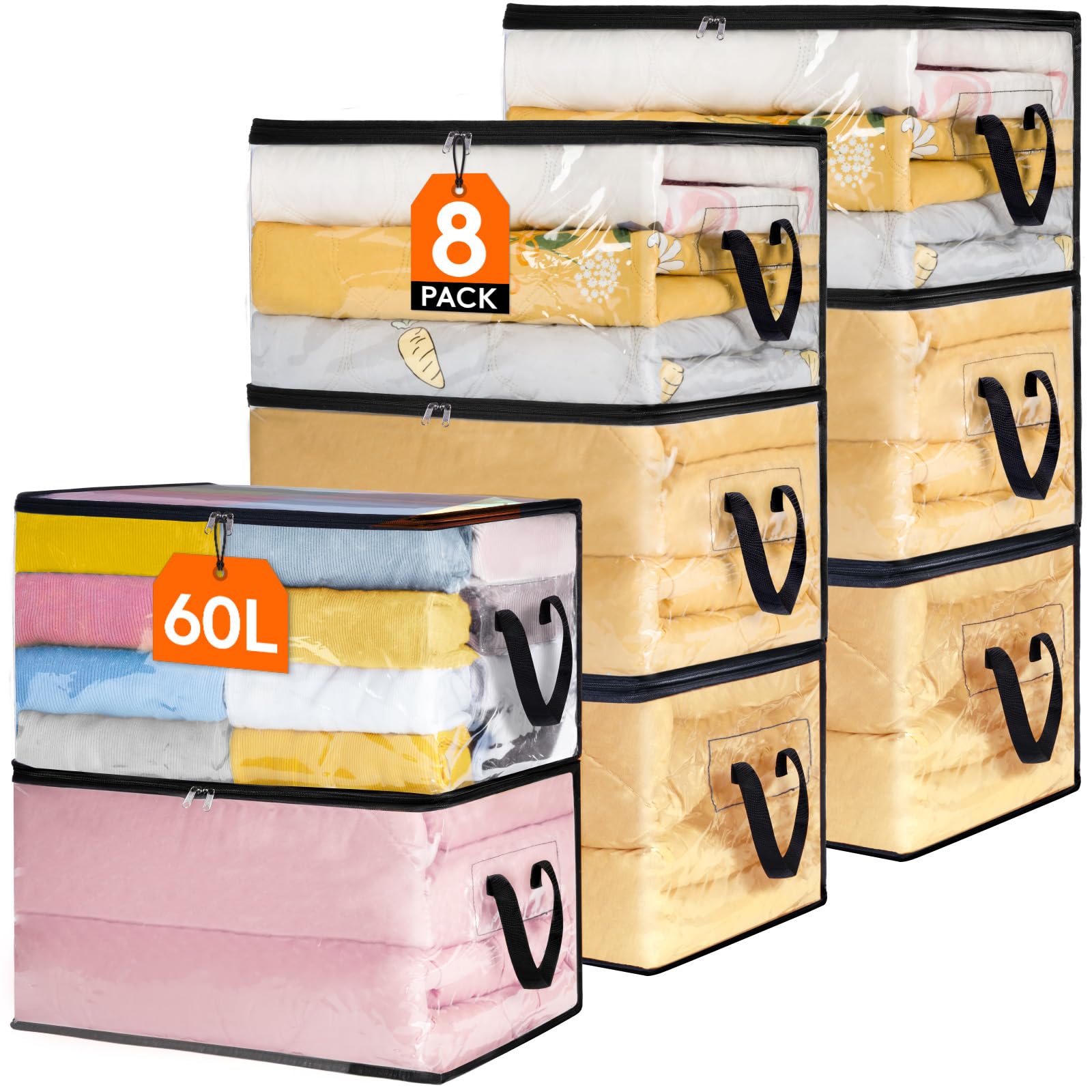 Lifewit 8 Pack Clear Clothes Storage Bags, 60L Plastic Blanket Storage Bags, Vinyl Foldable Moving Bags with Zipper