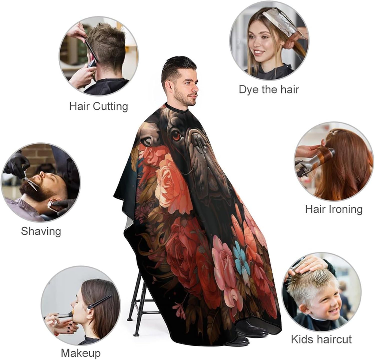 Bulldog And Flowers Apron for Women Men,Barber Cape with Adjustable Snap Closure,Hair Cutting Cape,66.9 X 56.7 Inches for Hair Dye, Comb-out, Styling, Shampoo