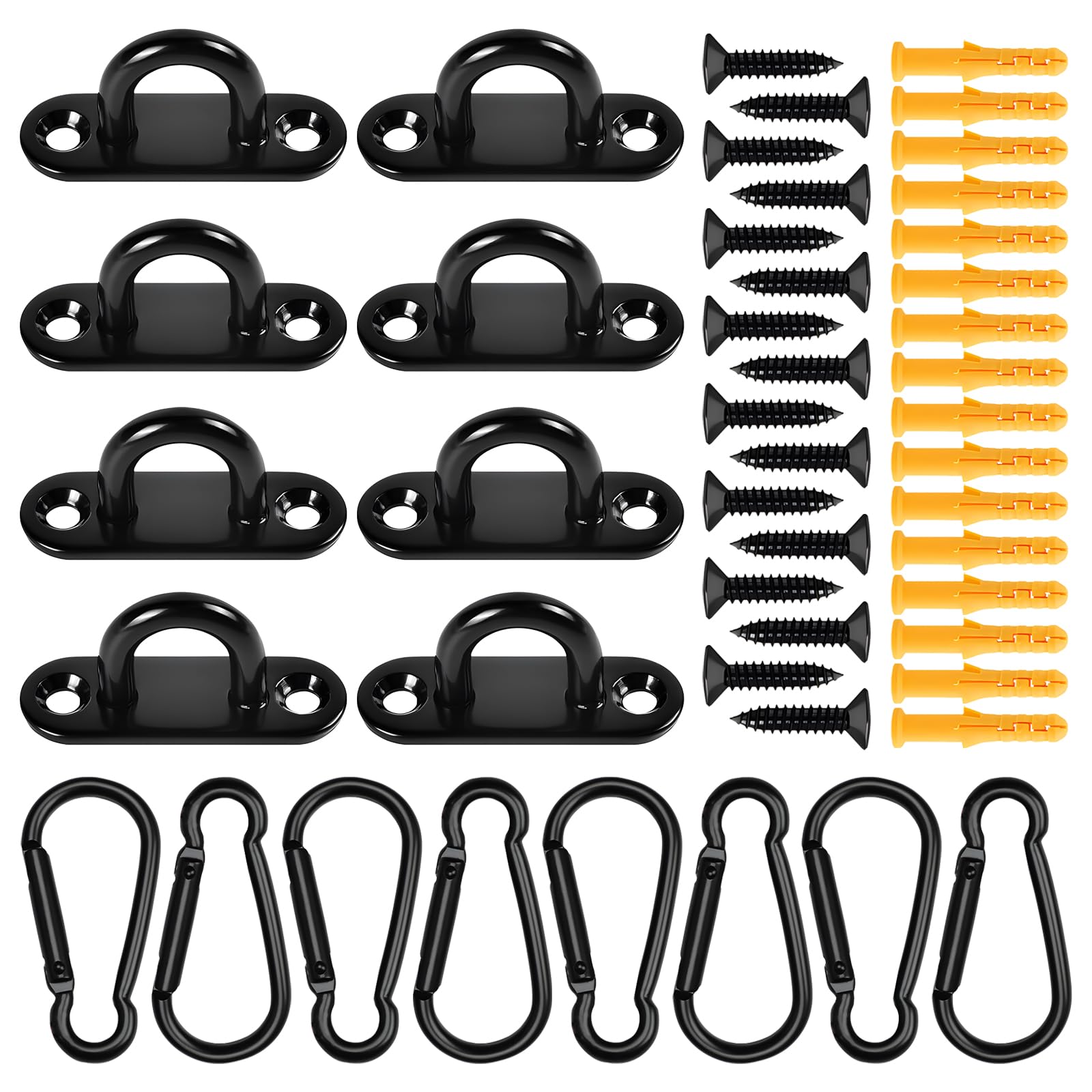 BOZILY 8 Sets Heavy Duty Stainless Steel Eye Plates with Smooth Edge - Black Loop Bracket Kit - Includes 8 Hooks, 8 Carabiners, Screws & Plugs for Wall/Ceiling Rope Hanging, Home Garage DIY