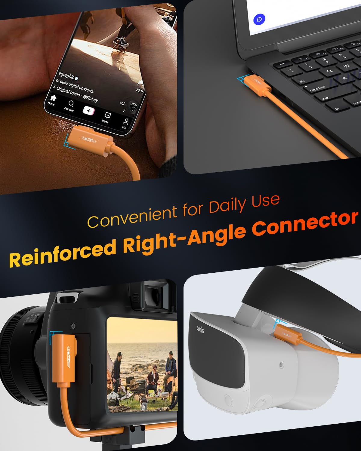 Cable de conexión USB C de fibra óptica de 15 pies, ángulo recto, transmisión de datos bidireccional de 10 Gbps, cable VR con PD 60 W, cable de enlace USB 3.2 GEN 2 para VR/cámara/computadora/Sony