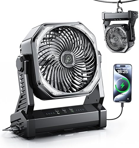 Ventilador remoto de camping de 20000 mAh con luz ventilador recargable para tienda de campaña al aire libre gancho colgante para tienda de campaña
