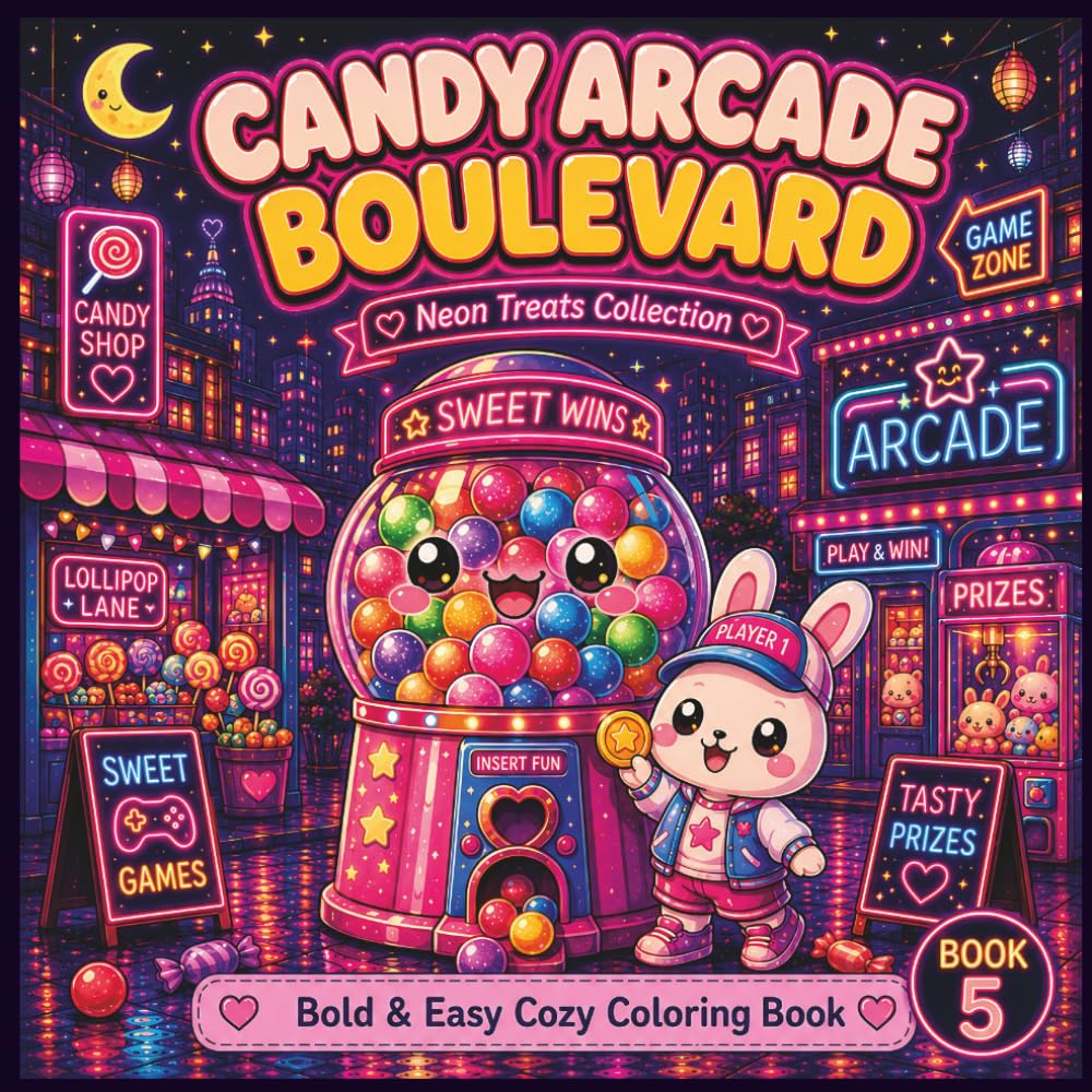 Candy Arcade Boulevard: Bold & Easy Cozy Coloring Book (Neon Treats Collection)