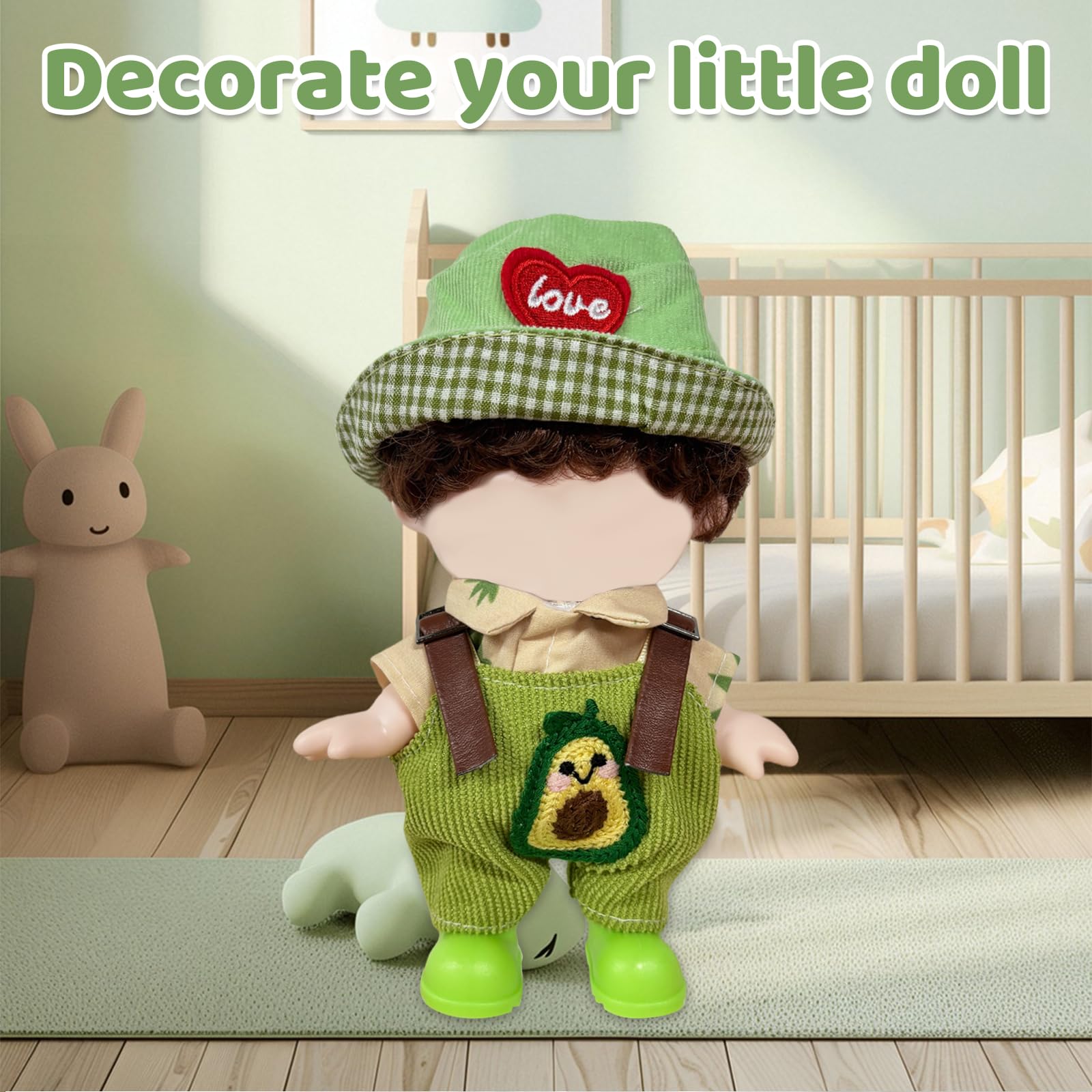 Mrltau 3 PCS Cute Avocado Style Doll Clothes Set for 15/17 cm Vinyl Plush Doll, Corduroy Overalls, Leaf Print Shirt - Image 4