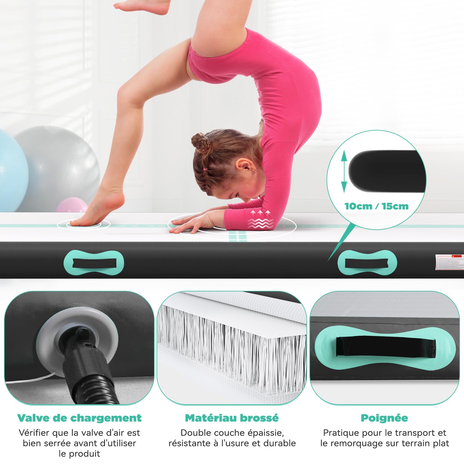 Tapis de Gymnastique 2/3/4/5/6m épaisseur 10/15cm avec Pompe à air 600W,Tapis de Gym,Tumbling Mat, Air Floor Mat pour Gymnastique, Extérieur, Fitness, Yoga et Sport