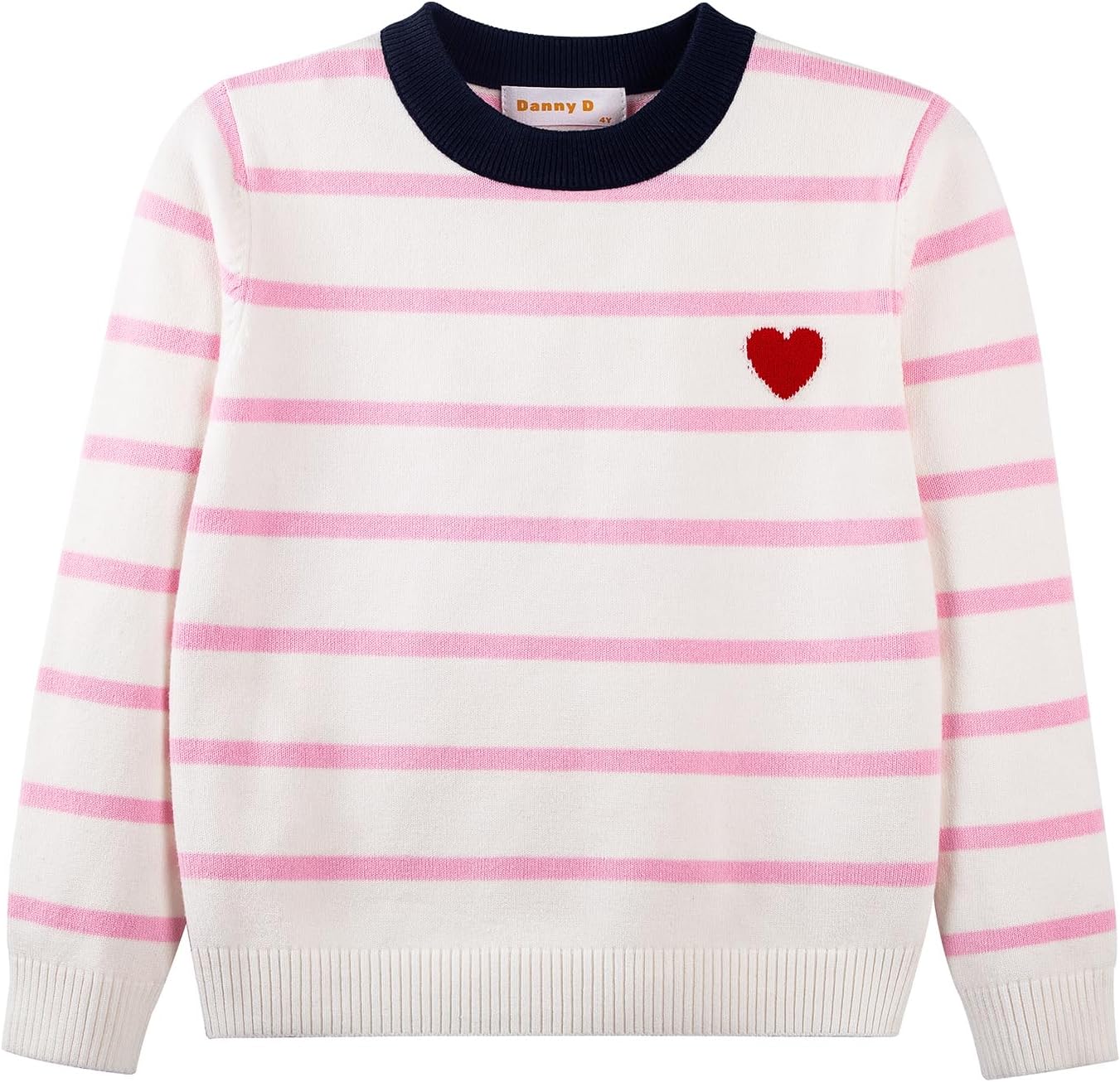 Danny D Girls Striped Heart Embroidery Pullover Tops Round Neck Long Sleeve Sweater Valentine's Day Sweater for Kids