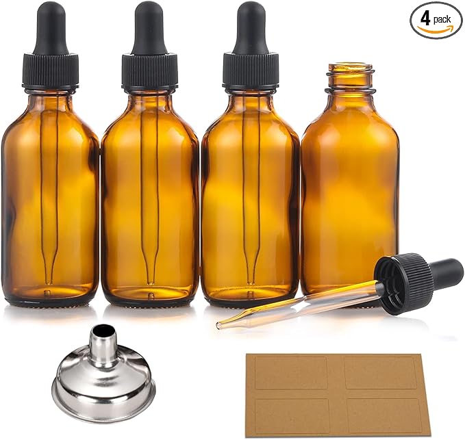 4 Pack, 2 oz Bottles with Dropper & 1 Funnel & 4 Labels - Essential Oils Bottles for Health, Personal Care & Beauty - 60ml Thick Dark Amber Glass Tincture Bottles, Refillable Cosmetic Containers