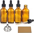 4 Pack, 2 oz Bottles with Dropper & 1 Funnel & 4 Labels - Essential Oils Bottles for Health, Personal Care & Beauty - 60ml Thick Dark Amber Glass Tincture Bottles, Refillable Cosmetic Containers