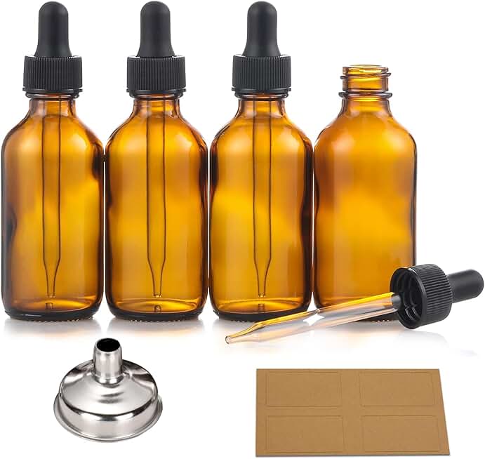 4 Pack, 2 oz Bottles with Dropper &amp; 1 Funnel &amp; 4 Labels - Essential Oils Bottles for Health, Personal Care &amp; Beauty - 60ml Thick Dark Amber Glass Tincture Bottles, Refillable Cosmetic Containers