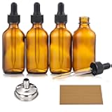 4 Pack, 2 oz Bottles with Dropper & 1 Funnel & 4 Labels - Essential Oils Bottles for Health, Personal Care & Beauty - 60ml Thick Dark Amber Glass Tincture Bottles, Refillable Cosmetic Containers