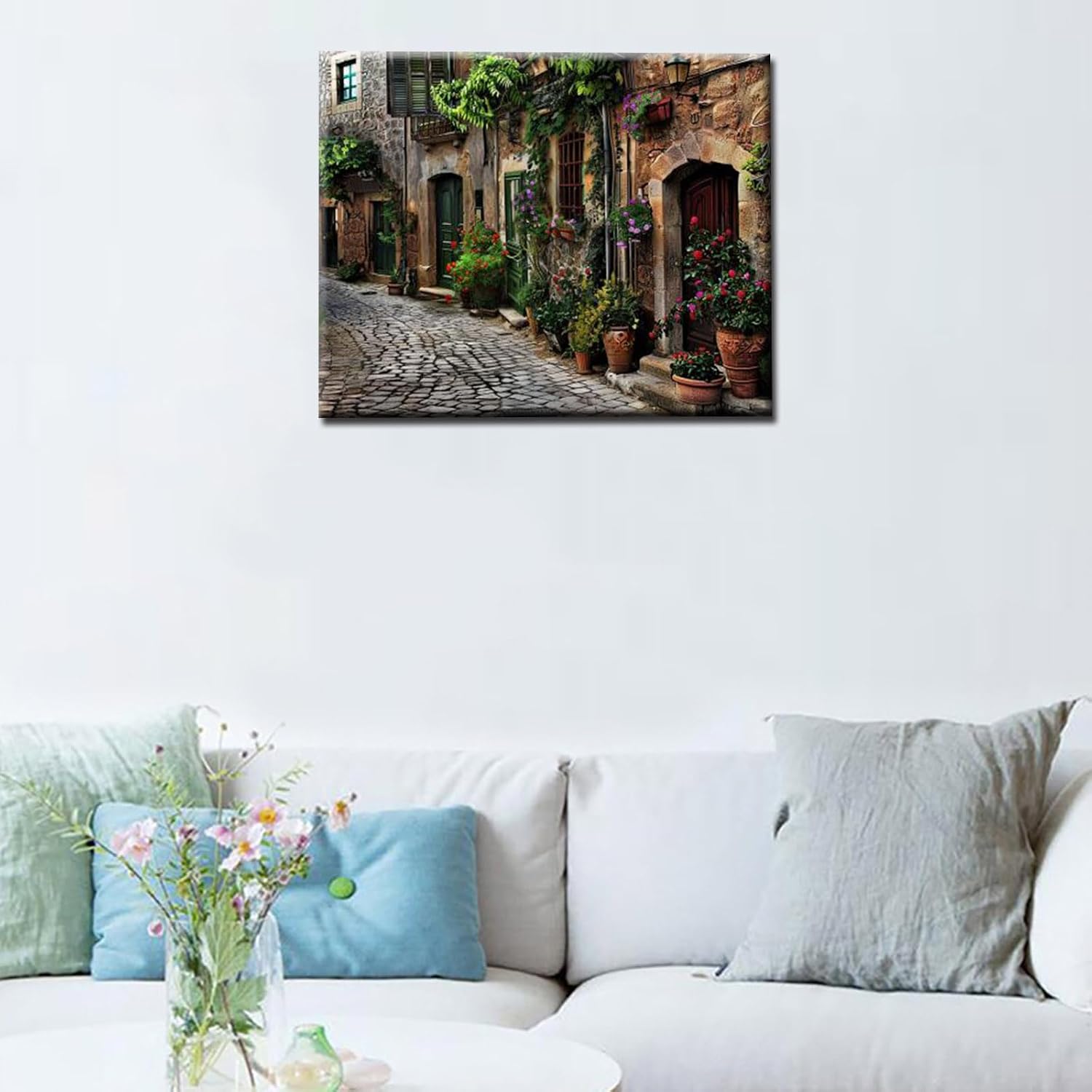 DIY Paint by Numbers Streets of Old Mediterranean Towns Easy Canvas Oil Painting Kits for Adults Kids Italian town Street Scene Watercolor Acrylic Pigment Home Room Decor 16''W x 20''H(Manual Frame)