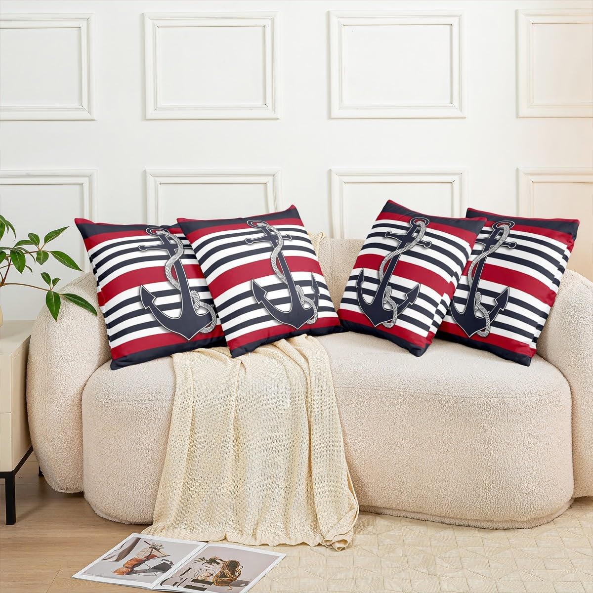 Feelyou Anchor Decor Pillow Covers Home Decor Nautical Themed Ocean Reversible Throw Pillow Covers for Coastal Sea Adventure Duvet Navigation Blue Red Stripe Cover 22 x 22-Inch
