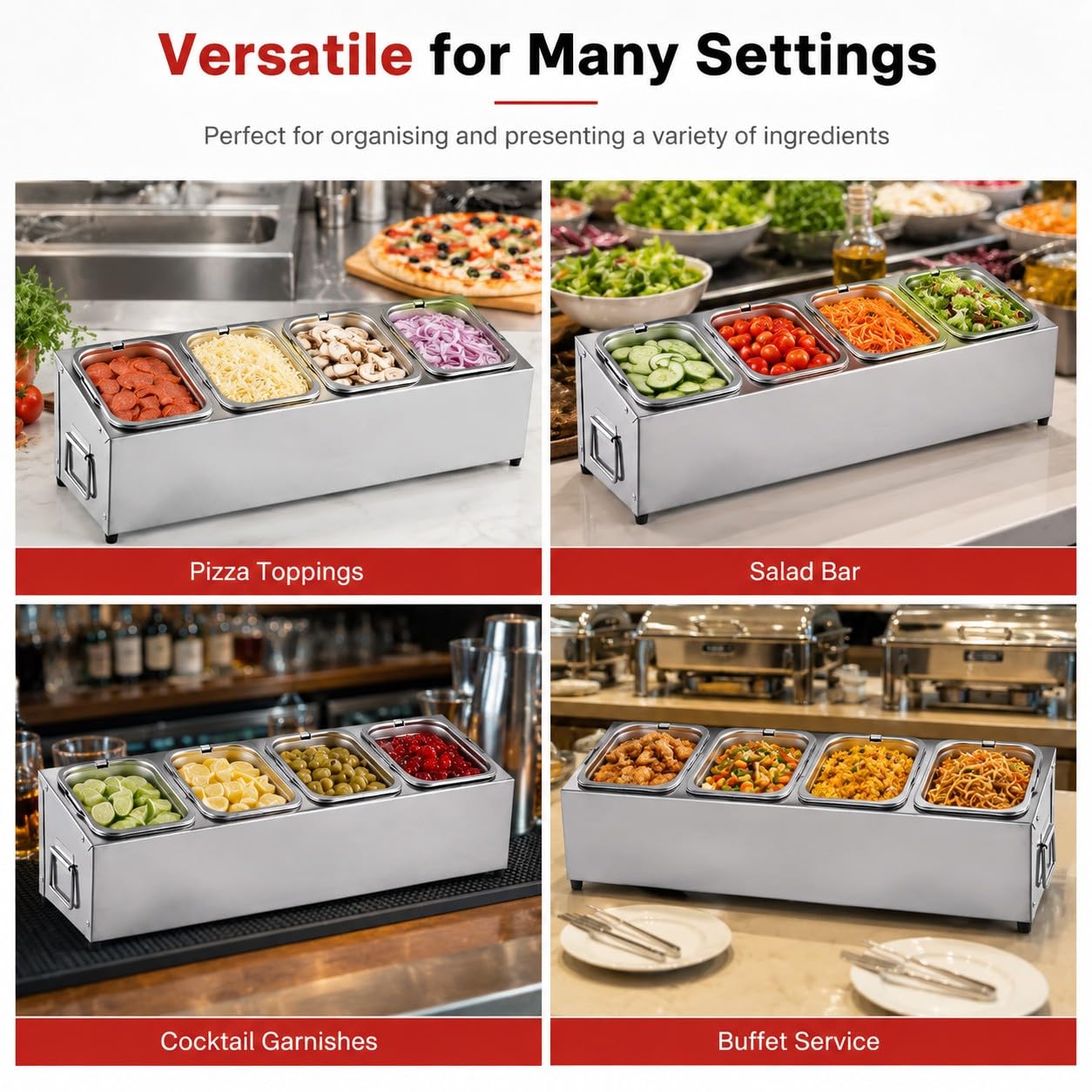 Porta Ingredienti Pizza in Acciaio Inox con Coperchio – Contenitore per Condimenti Refrigerato, Vaschette Gastronom Modulari 4 Scomparti, per Pizzeria e Preparazione Ingredienti