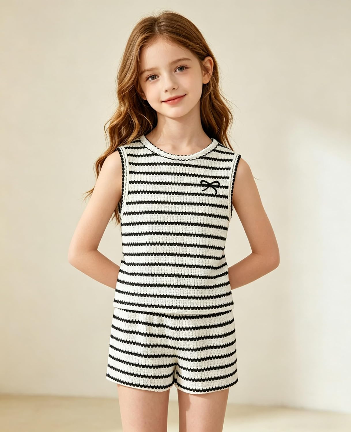 Ayzozuy Girls Striped Knit 2PCS Outfit Sleeveless Top & Shorts Set Casual Clothes with Bow Decor for 7-14Y