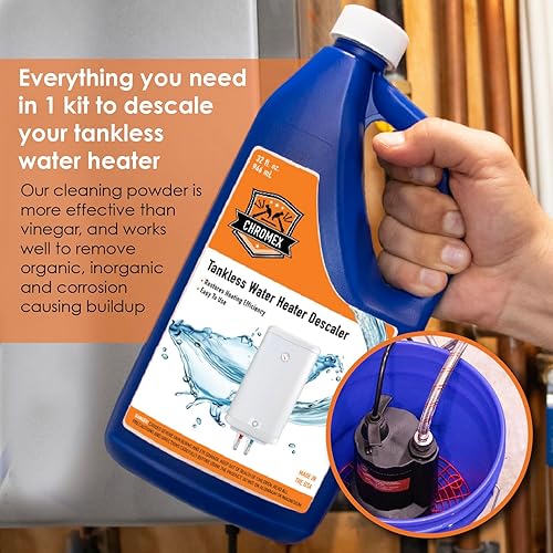 Miniatura 3 de Chromex Kit de descarga de calentador de agua sin tanque con solución de descalcificación líquida certificada y mangueras de entrada de ángulo recto