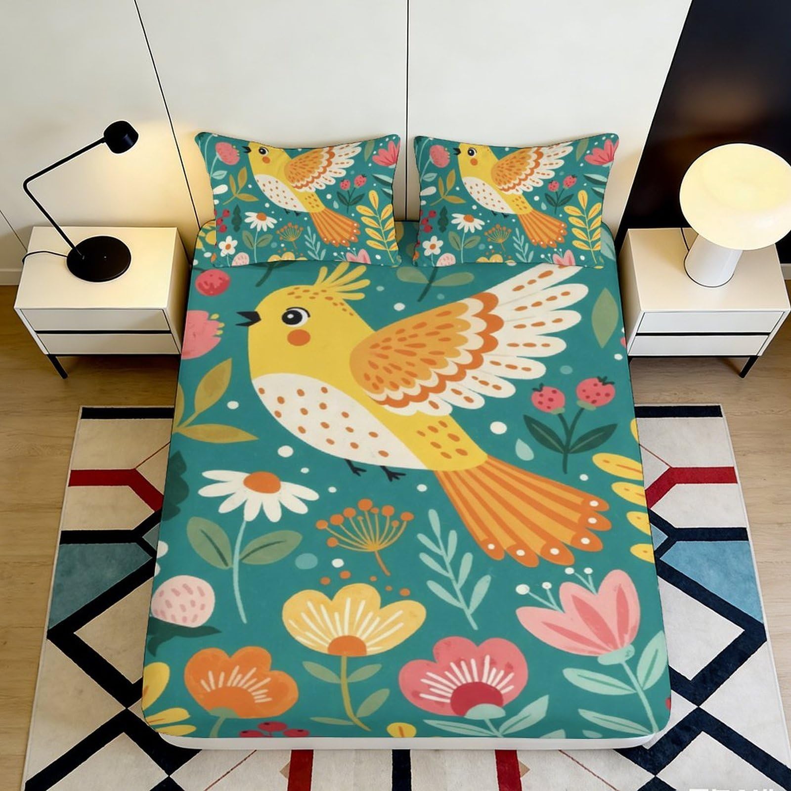 3D Printed Yellow Bird Floral Fitted Sheet Microfiber Non-Slip Mattress Cover for Bedroom Guest Room Decor 120x200cm 120x200x25cm