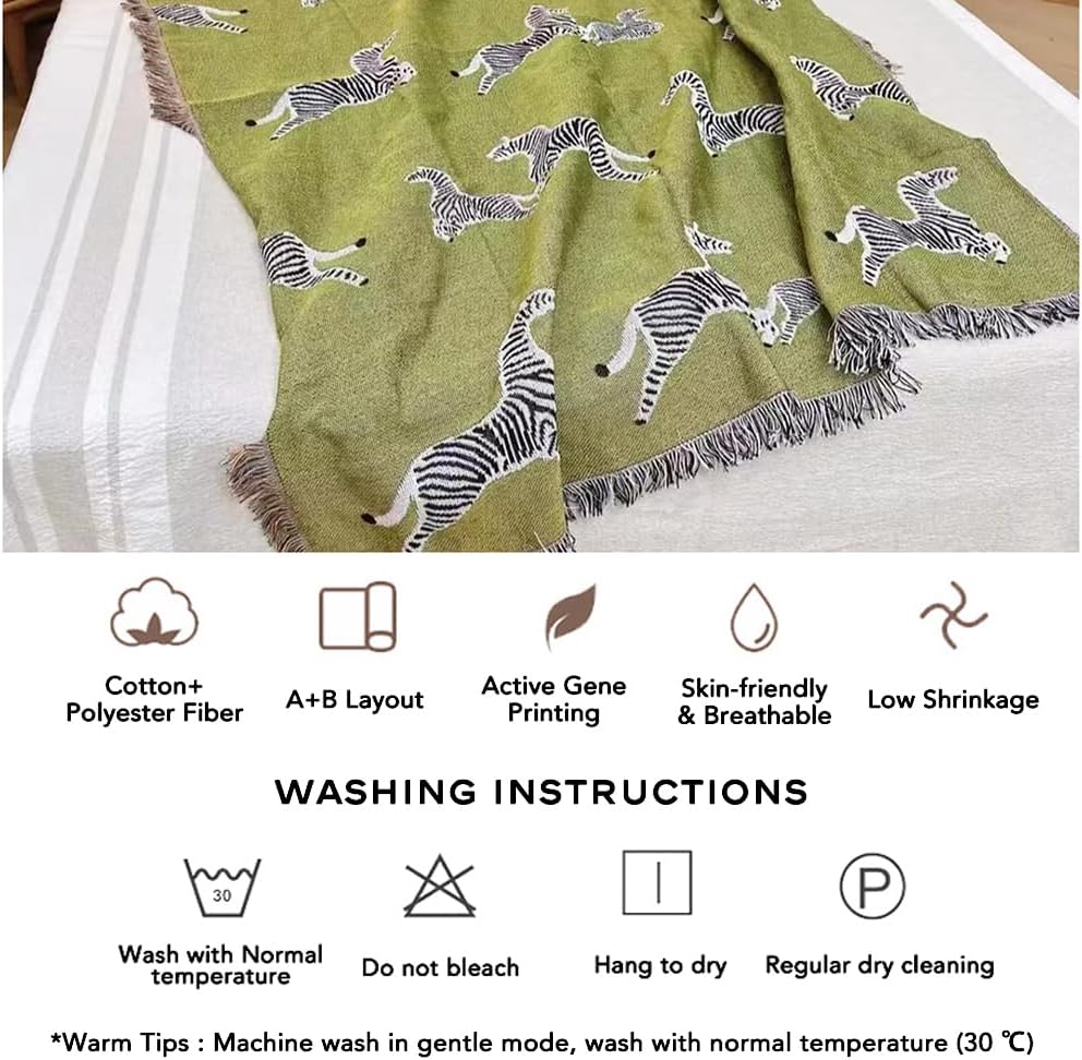 Zebras Animal Throw Woven Blanket with Tassel for Home Decoration Chair Couch Sofa Bed Beach Travel Picnic Cloth Tapestry Shawl Cozy Cotton (Green 63×51 Inches)