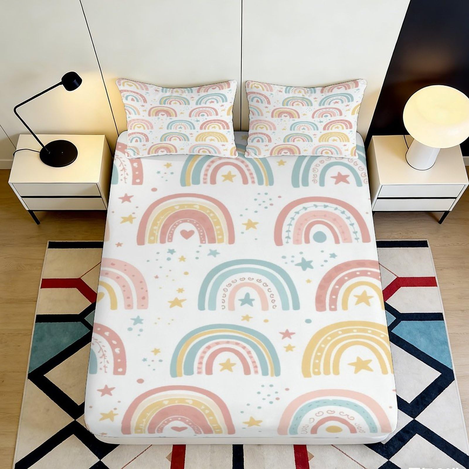3D Printed Rainbow Pastel Fitted Sheet Microfiber Soft Bedroom Decor Abstract Cloud Mattress Cover for Home Dorm 90x200x25cm