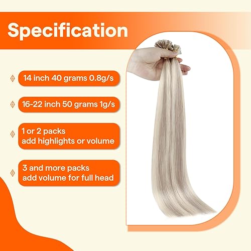 Miniatura 4 de Full Shine - Extensiones de cabello humano con punta en U, con queratina, de 18 pulgadas, preunidas, reflejos rubios ceniza 18 y rubio decolorado