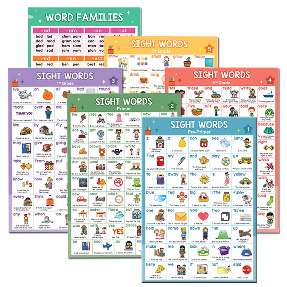 Lachilly Educational Learning Posters - Comprehensive Sight Words & Word Families, High Frequency Word Lists & Sentences, Teacher Teaching Aids for Preschool & Primary School, 11 x 16 inch, 6 Pcs