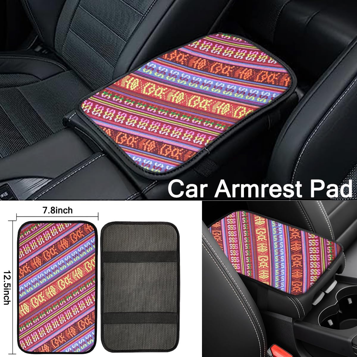 Boho Steering Wheel Cover Set, Seat Belt Cover and Armrest Pad Bohemian Cloth Car Steering Wheel for Women Flax Ethnic Style Steering Wheel Accessories Cover Anti-Slip Fits 14 1/2-15 Inch - Red