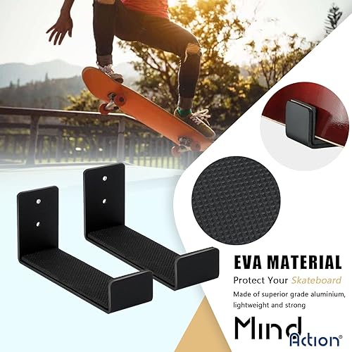 Miniatura 5 de Mind and Action - Soporte de pared para patineta, almacenamiento de patineta para el hogar y el garaje, soportes de estante de aluminio sólido
