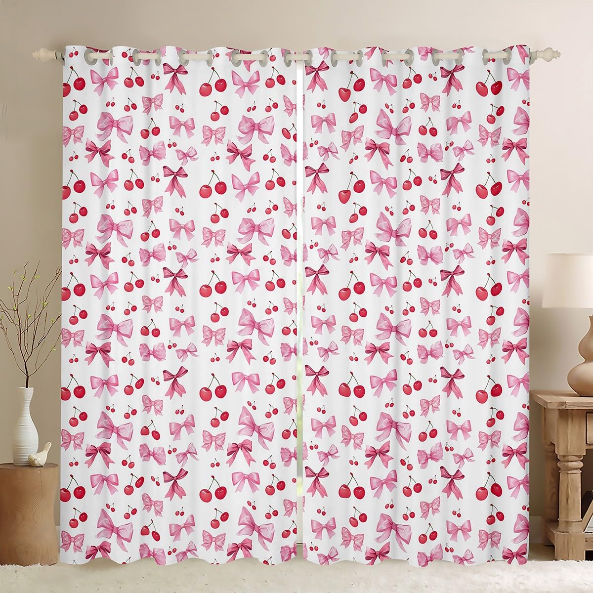 Manfei Pink Bows Blackout Curtain Red Cherry Bow Window Drapes, Fashion Bowknot Window Treatments, Kids Girls Princess Room Decor, Grommet Top 2 Panel Set Bedroom Curtains, 66Wx90L inch
